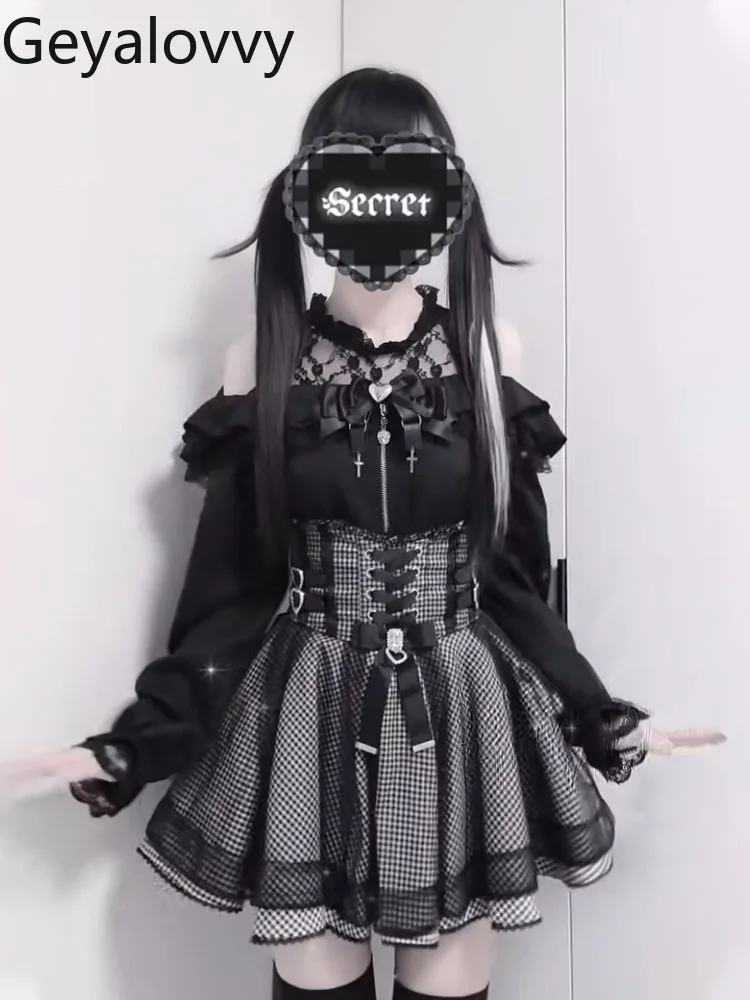 Sweet Girl Black Off-Shoulder Lace Shirt Versatile Long Sleeve Top and High-Waisted Plaid Short Puff Skirt Two-Piece Set