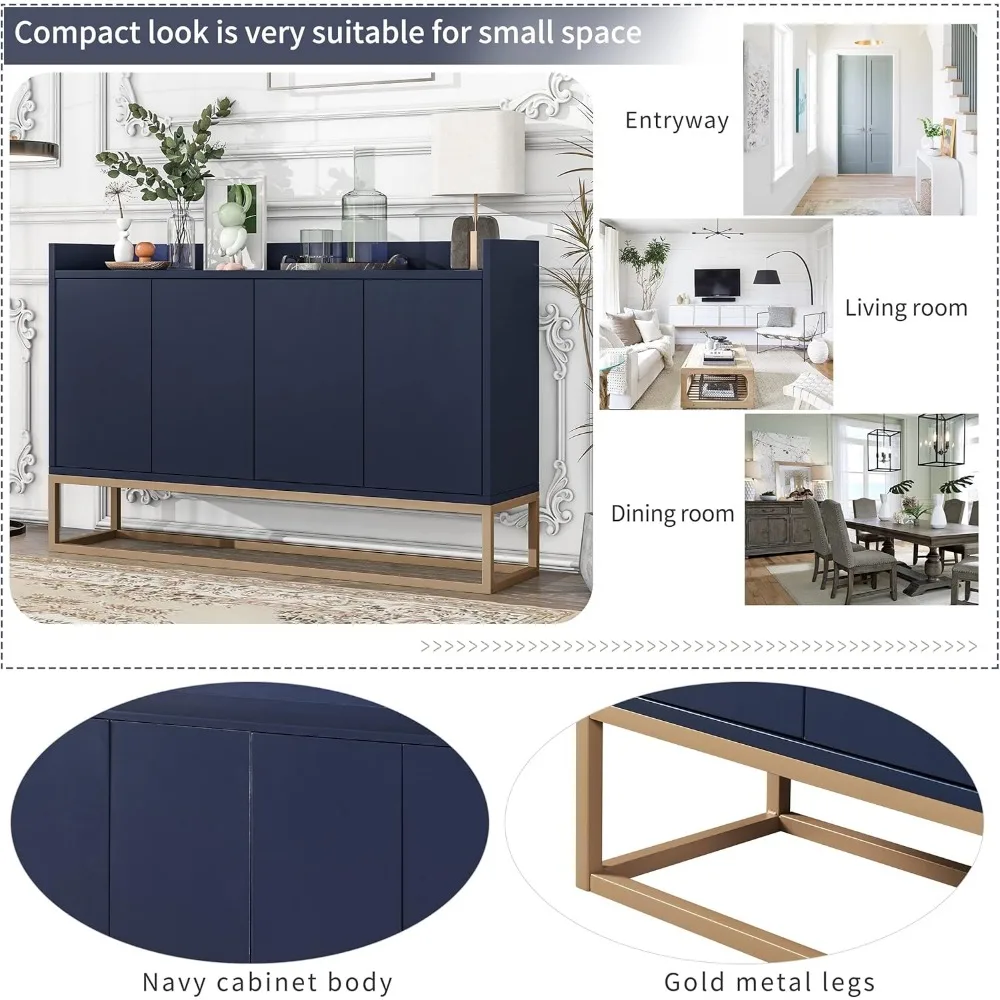 خزانة بوفيه جانبية، خزانة تخزين حديثة مع 4 أبواب وقاعدة معدنية، طاولة وحدة تحكم خشبية مع مساحة تخزين لغرفة الطعام،