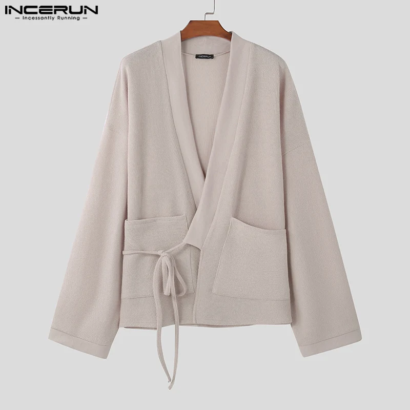 INCERUN Men's Sweater Cardigans Solid Long Sleeve Knitted Cardigans Lace Up Pocket Streetwear Male Loose Kimono Tops S-5XL