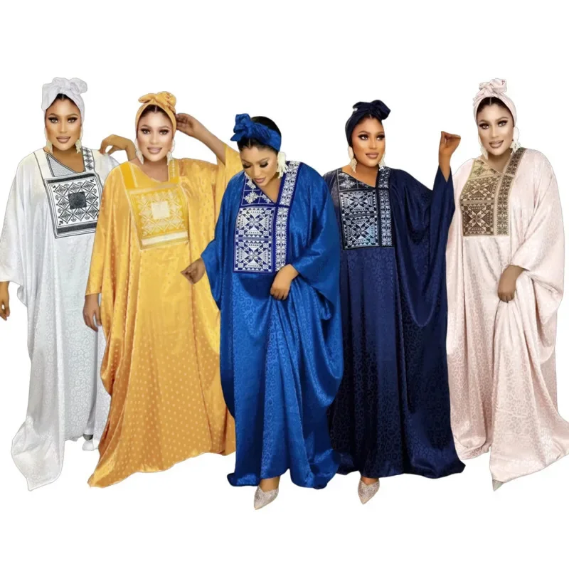 

Muslim Batsleeved Long Robe Dress Women African Ethnic Contrasting Large Swing Dress Middle East V-neck Commutie Loose Dress New