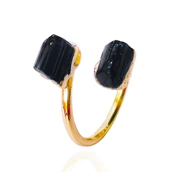 Irregular Black Tourmaline Rough Stone Open Ring Golden Handmade Finger Jewelry Adjustable Size