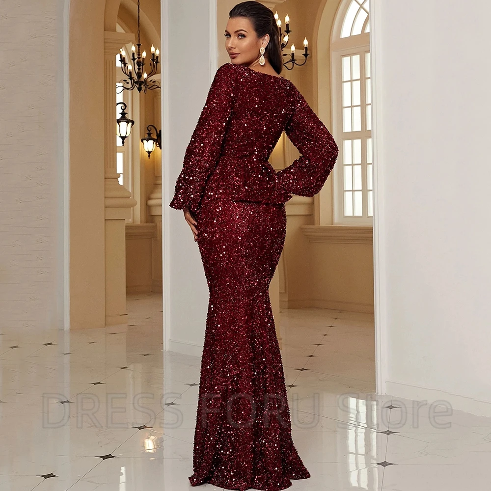 Fashion Shiny Sequin Sheath Evening Dress Classic V-Neck Long Sleeves Women Floor Length Delicate Custom Made Gowns for Party