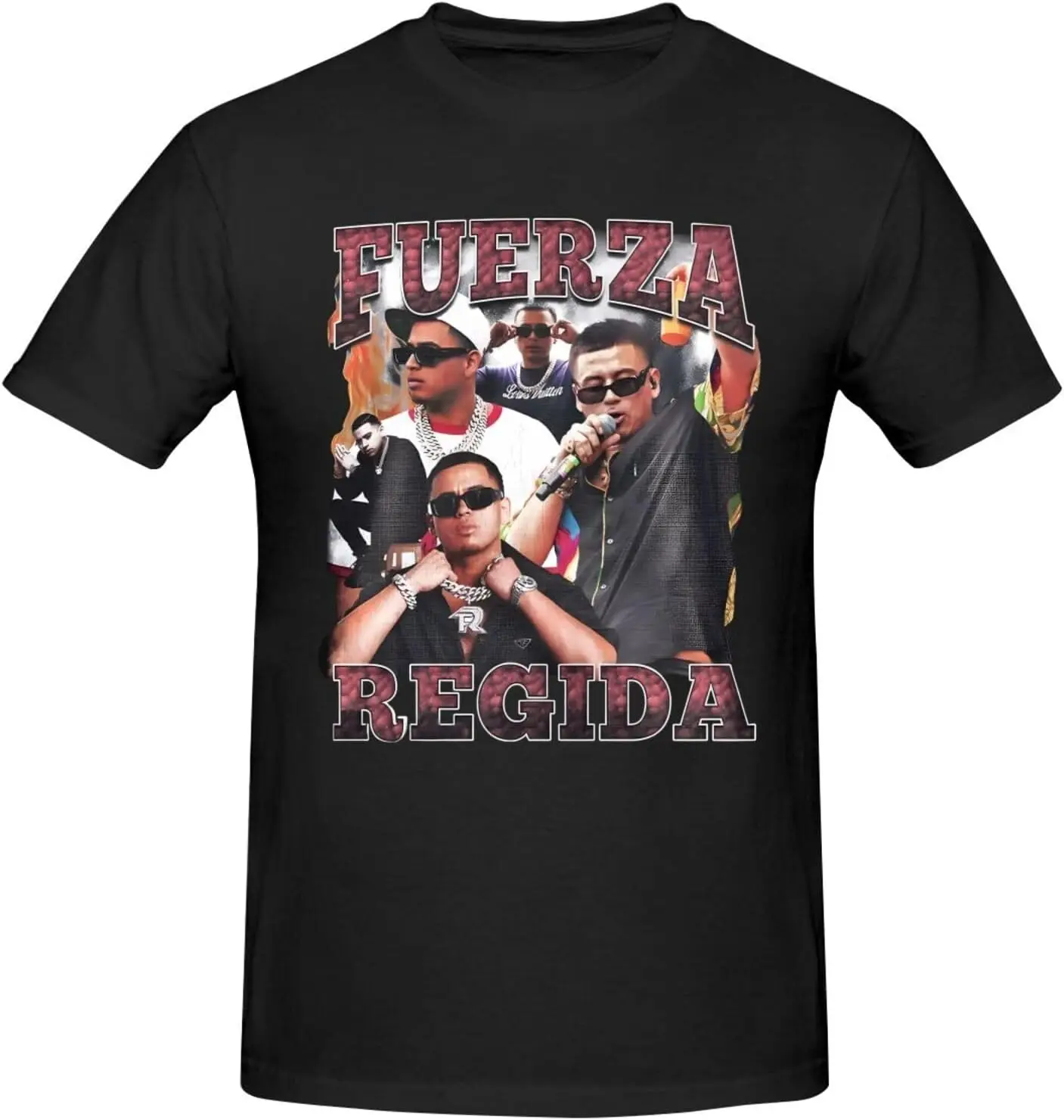 

Fuerza Music Regida Shirt Men's Fashion Breathable Crew Neck Short Sleeve T-Shirt Personalised Printed Cotton Tees Black