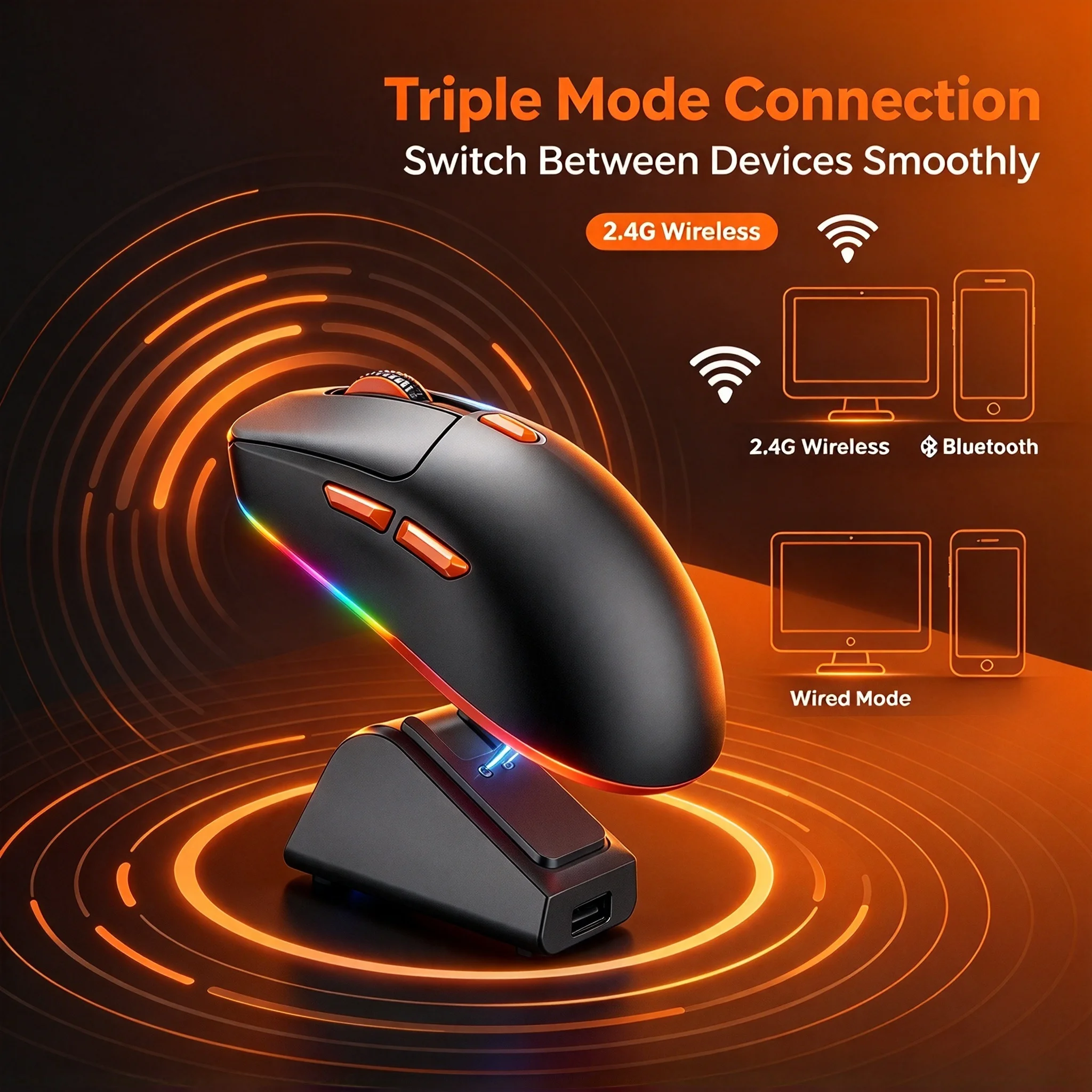 Wireless 2.4G Bluetooth Tri-Mode RGB Backlit Gaming Optical Mouse Rechargeable Ergonomic Design Mouse With Charging Dock For PC