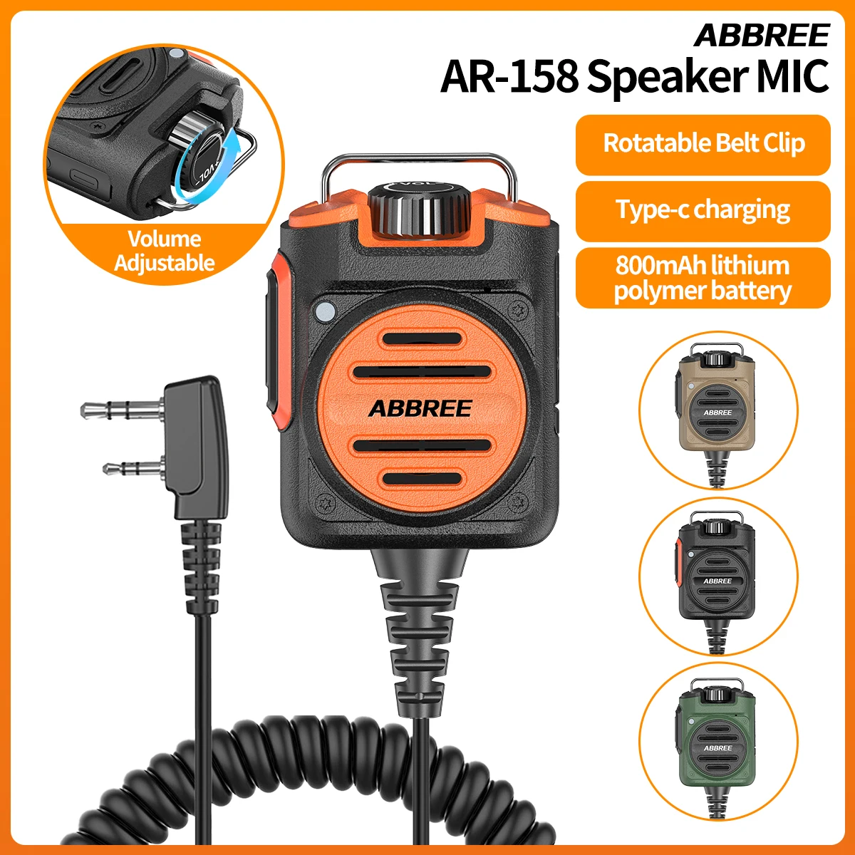 

ABBREE AR-158 Walkie Talkie Speaker Mic Adjustable Volume 2 Pin Rechargeable For Baofeng UV-5R Mini for Quansheng UV-K1 (8) K5