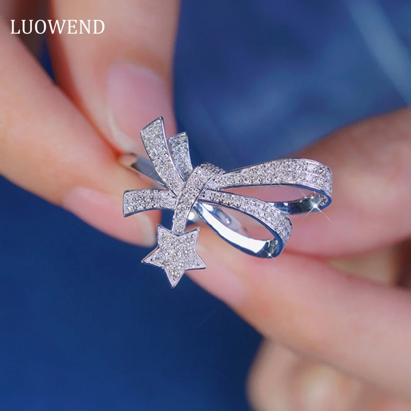 

LUOWEND 18K White Gold Rings Romantic Bowknot Design 0.45carat Real Natural Diamond Engagement Ring for Women Wedding Jewelry