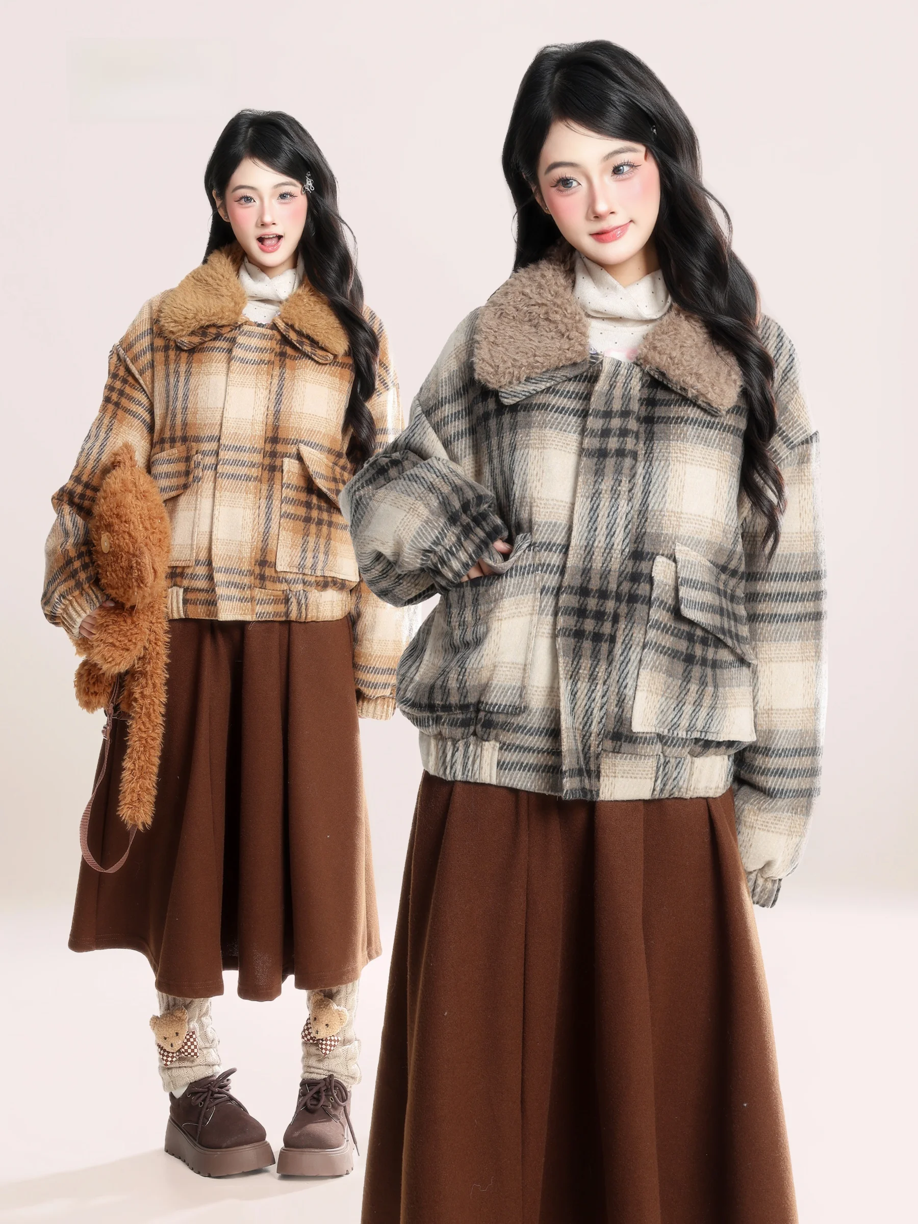 

Женская зимняя куртка HM в стиле ретро с клетчатым узором и меховым воротником, утепленная хлопковым наполнителем, универсальная верхняя одежда