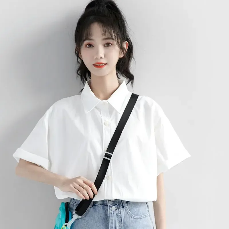 Camisas femininas brancas verão casual manga curta estilo preppy sólido streetwear férias topos moda coreana novo chique popular blusas