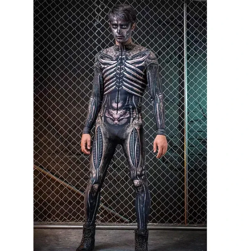 EE01 Mechanical CyberPunk Catsuit ผู้หญิงผู้ชาย Zipper Jumpsuit Zentai 3D บอดี้สูทฮาโลวีนโครงกระดูกคอสเพลย์เครื่องแต่งกายยืดหยุ่น Ro & 0Ww