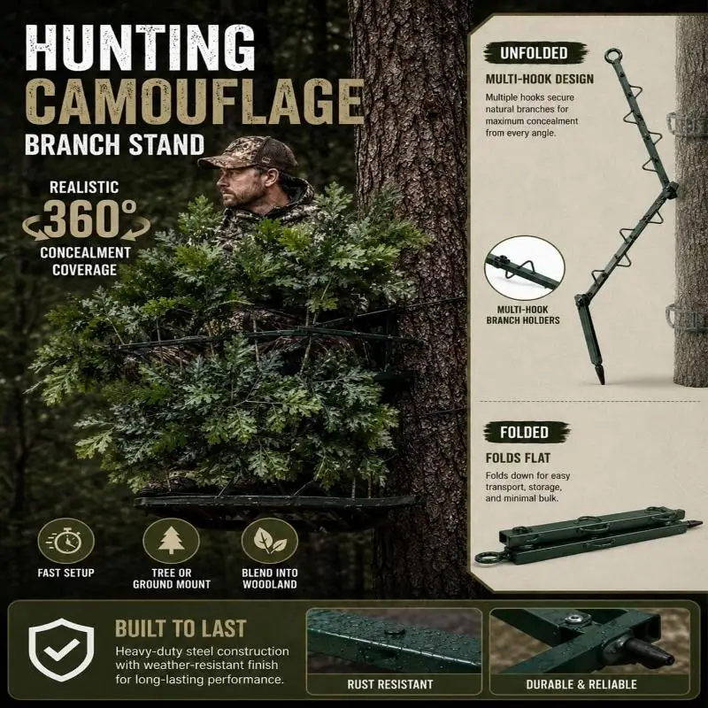 【OD】Hunting Concealment Branch Stand, Branch Screening Holder With Realistic Oak Leaf Foliage, Tree Stand Blind Cover
