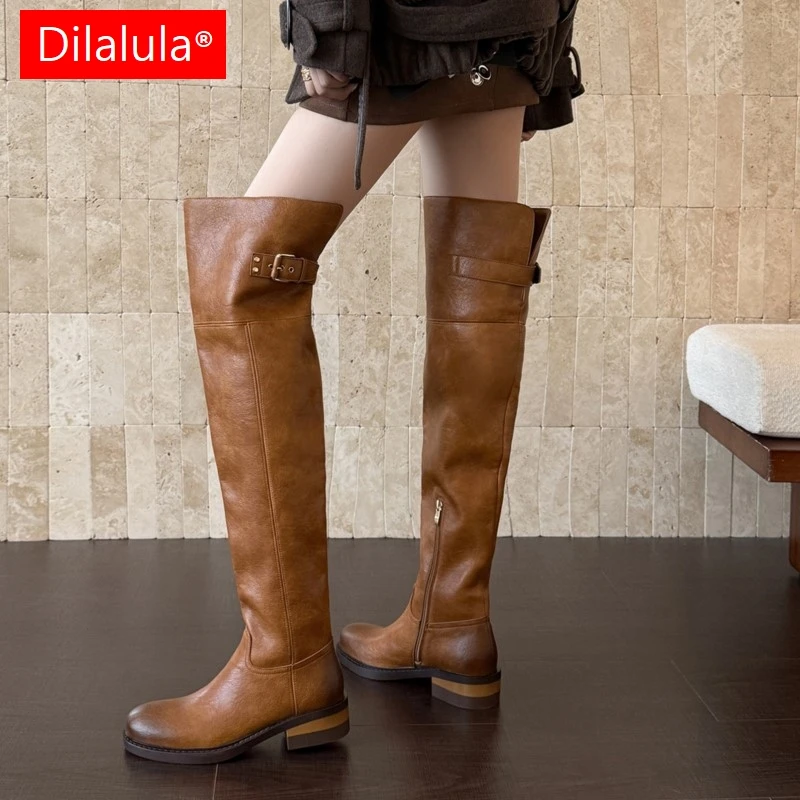 Dilalula 2027 Vintage Leather Over-the-Knee Riding Boots Women Round Toe Low Block Heel High Boots Lady Buckle Decor Tall Boots