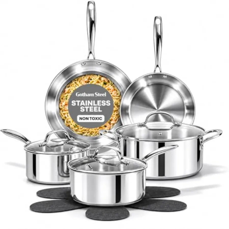 

10 Pcs Tri Ply Stainless Steel Cookware Set, Pots and Pans Set with Induction Bottom, Made Without PTFE PFOA PFOS, Metal Utensi
