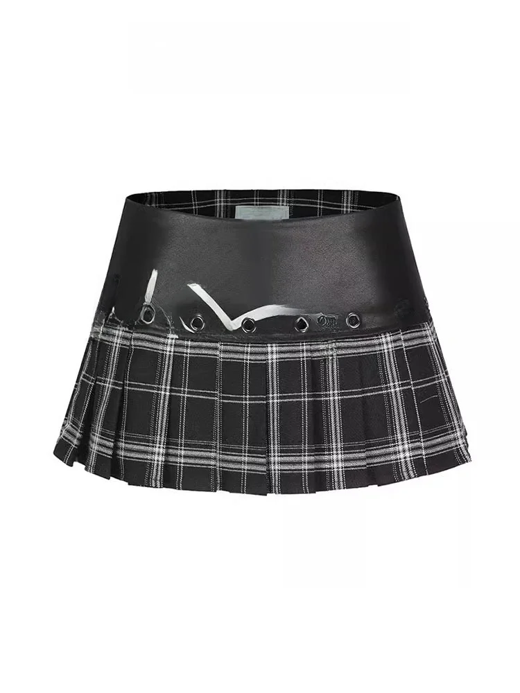 Gonna scozzese in pelle a vita bassa retrò Y2K Gonne a pieghe scozzesi ultra ort primavera estate da donna con pantaloni Se