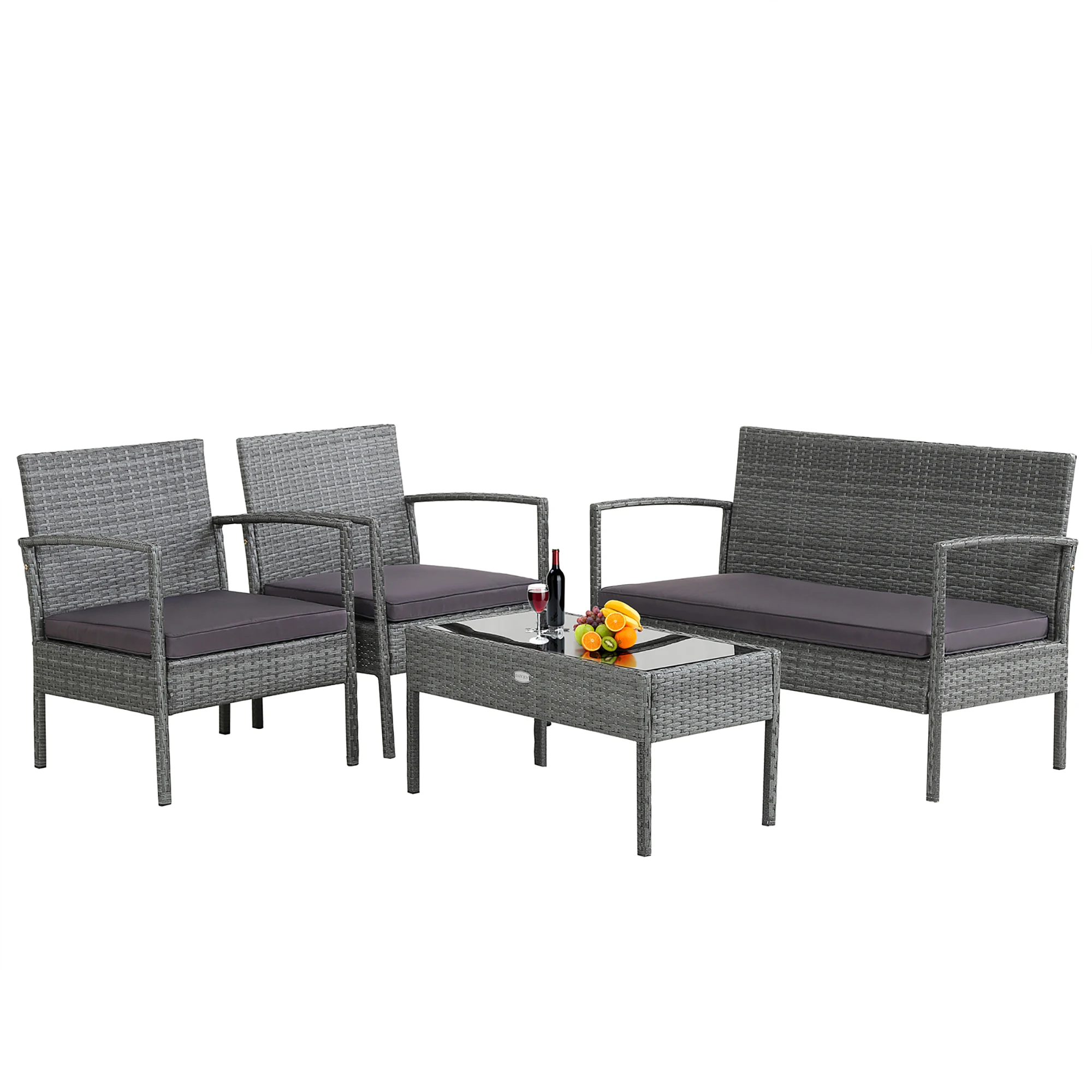 4 PCS Outdoor Rattan Furniture Set Patio Conversation Sofa Set Cushioned Grey