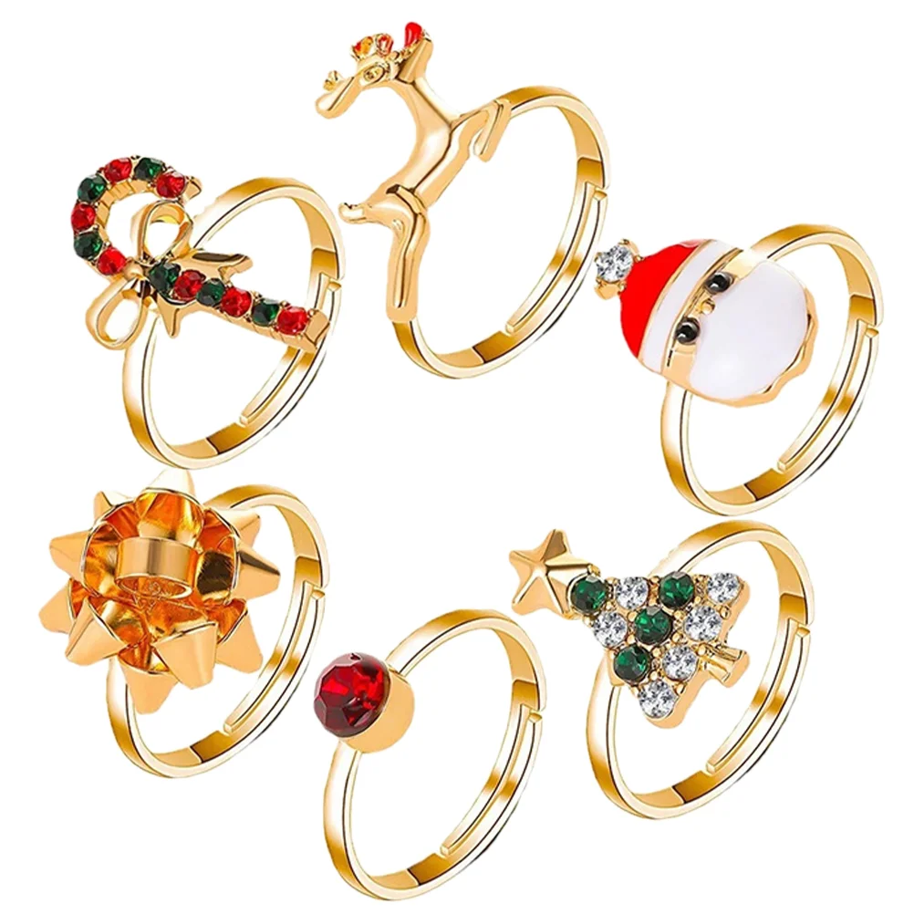 6 Pcs Small Finger Ring Christmas Elk Set Rings Party Jewelry Gift Adjustable Kids Toys Alloy