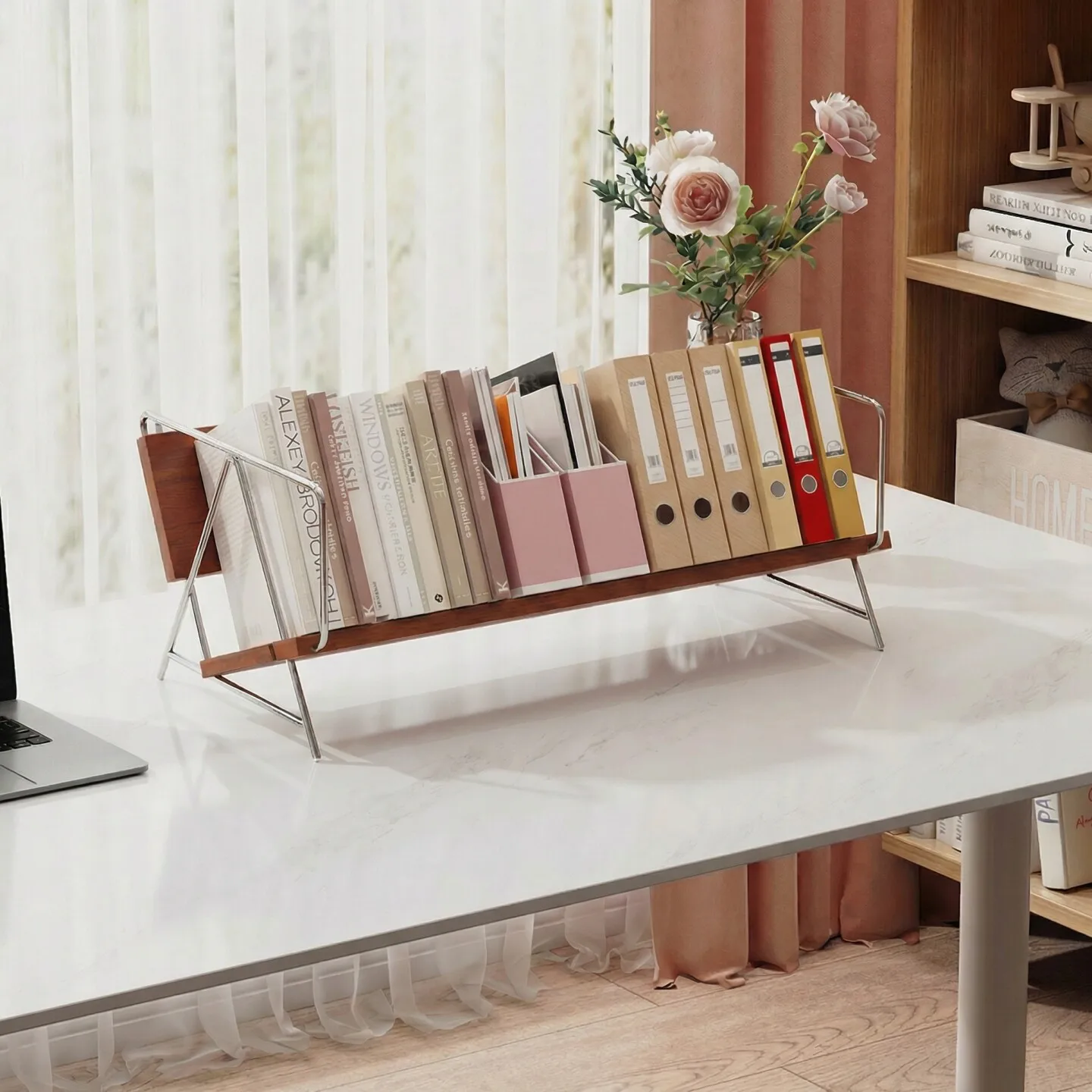 

PYH medieval desktop bookshelf small countertop office document sorting storage rack solid wood bay window shelf