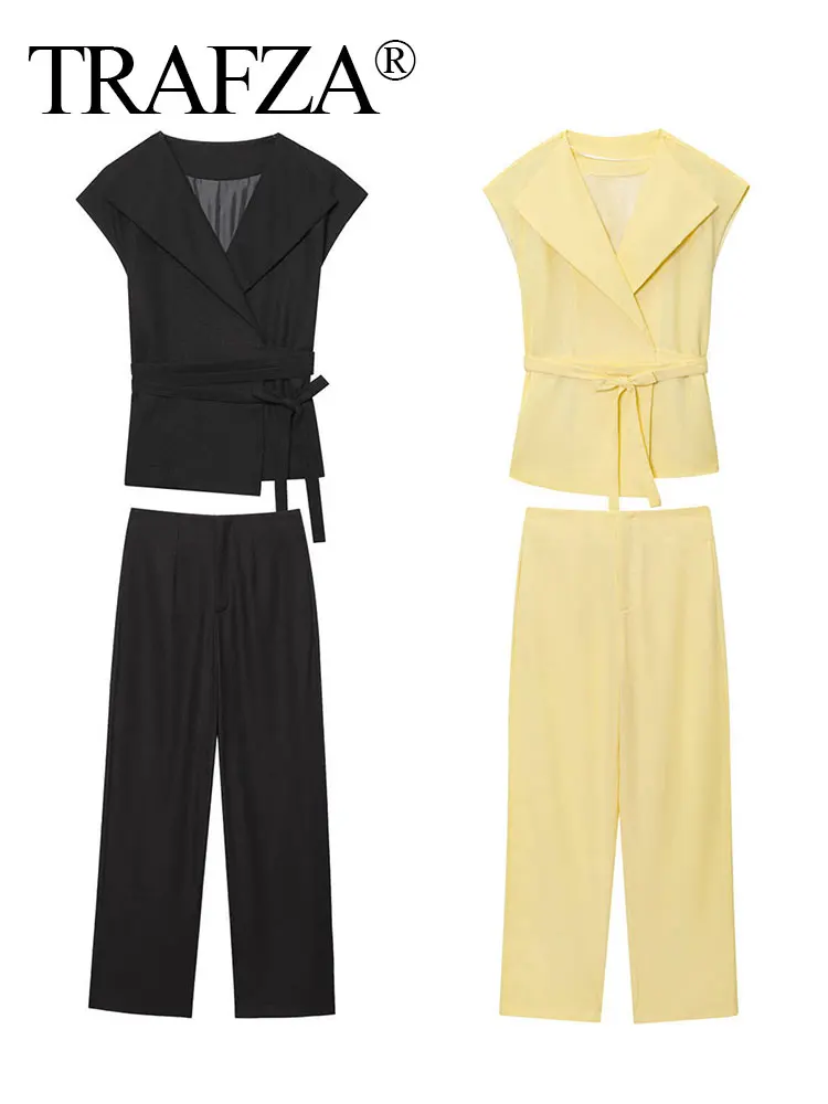 

TRAFZA Female Elegant Linen Blended Solid Suit Bow Lace-Up Lapel Waitscoat Chic Vest+High Waist Wide Leg Pants Autumn Trendy Set
