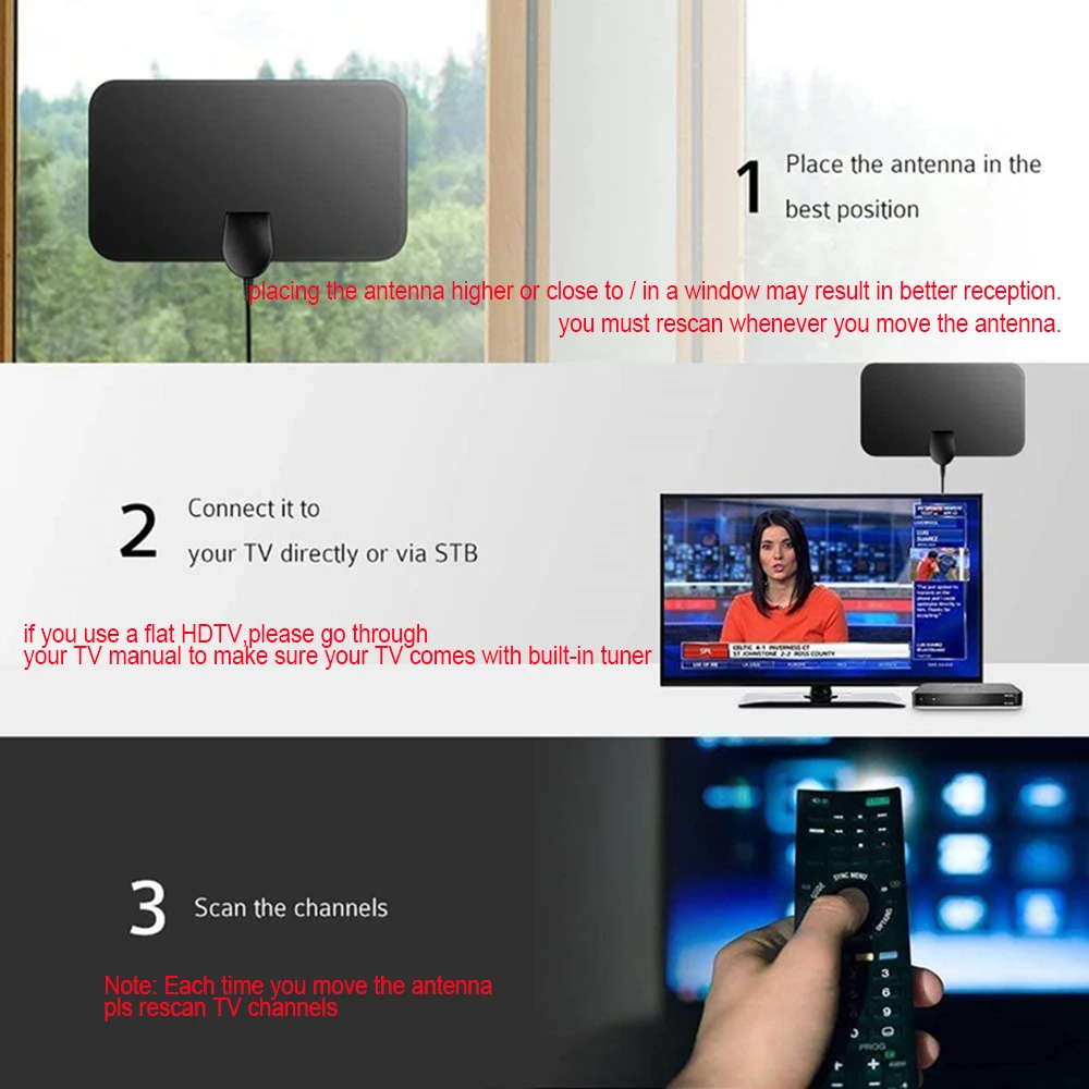 4K Digital TV Antenna 150 Miles Booster DVB-T Aerial HD Flat Indoor Active 28DBi High Gain for VHF UHF TV Box Flat Setting images - 6