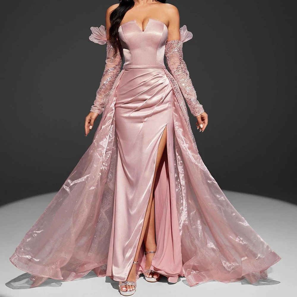 

CustomizedStrapless Satin Off the Shoulder 3/4 Sleeve Panel Train Tulle Sequined Backless Floor Length Evening Dresses For Forma