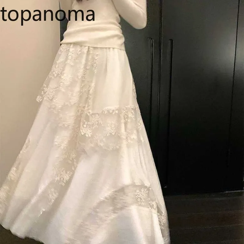 

Topanoma Fashion Skirts Women Lace Patchwork Mesh High Waist Spring Fashion Temperament Elegant Long Skirt Vintage Sweet