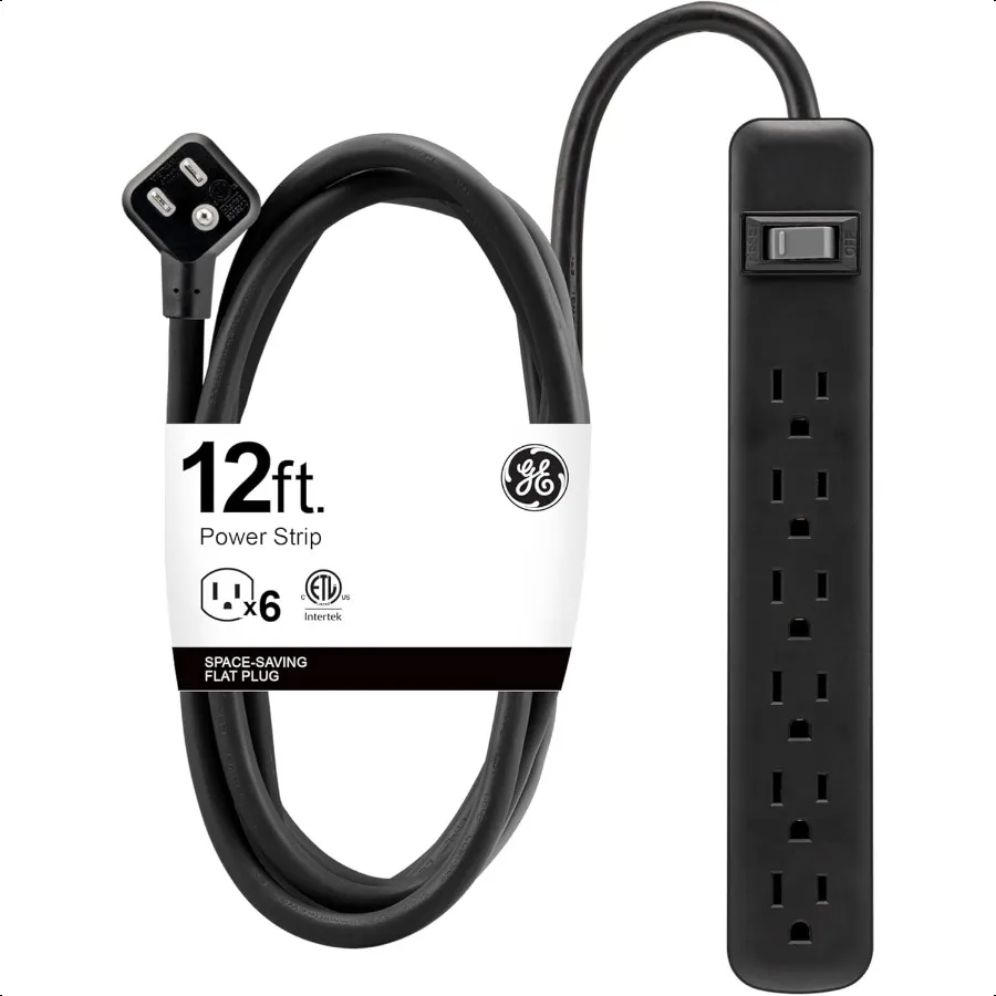 

GE 6Outlet Power Strip 12 Ft Extension Cord Flat Plug Grounded Integrated Circuit Breaker 3Prong Wall Mount ETL Listed Black 45