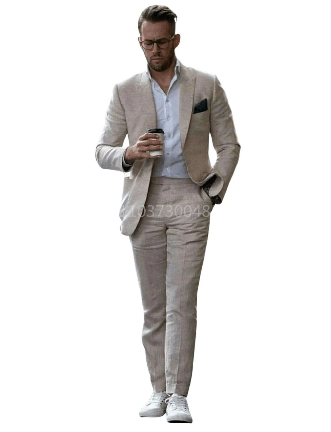 Beige Linen Suits for Men Slim Fit Groom Tuxedos Wedding Suits Best Man Groomsmen Formal Party Prom Suit Male 2 PCS Jacket+Pants