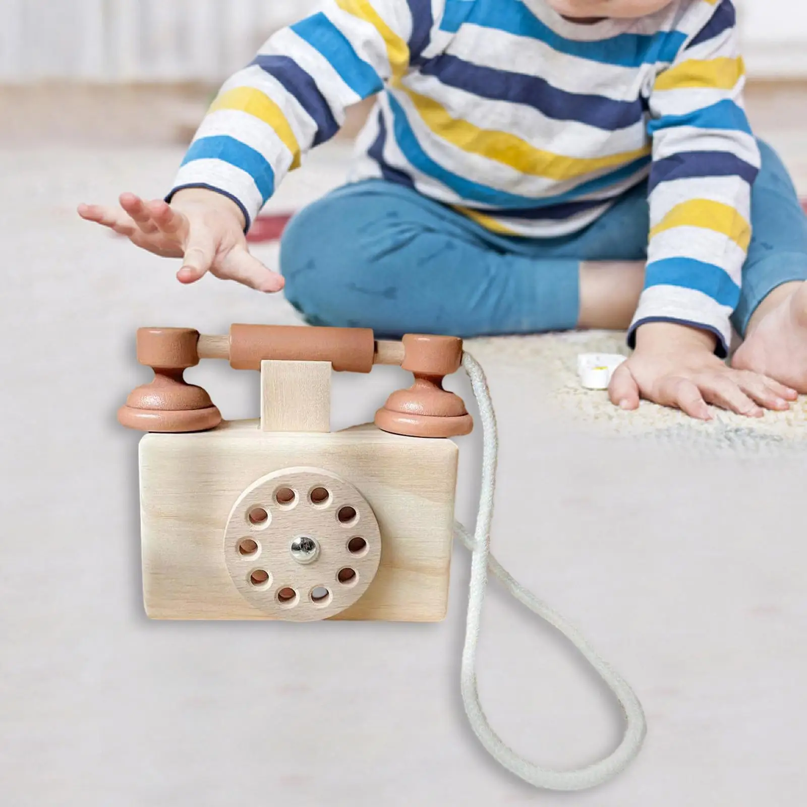 Wooden Pretend Phone Toy Role Play Realistic Dial Telephone for Learning Toy