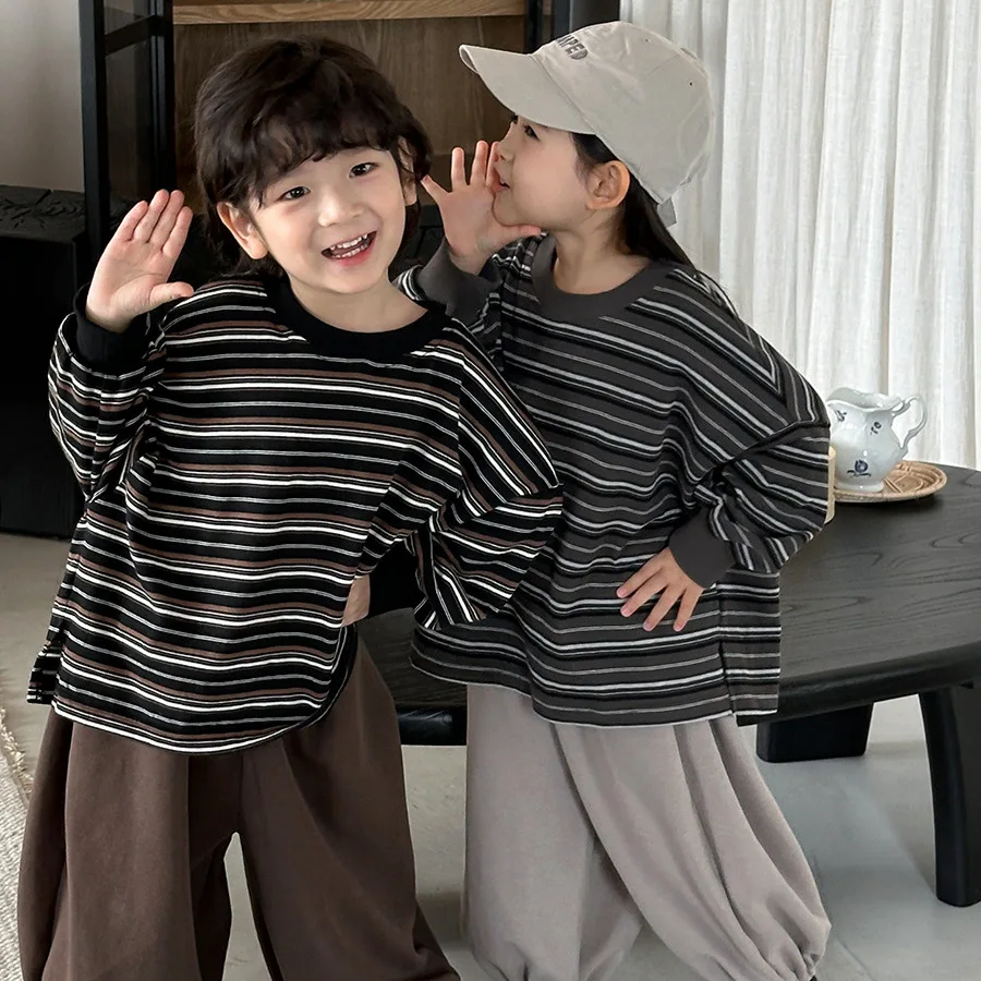 

2025 Fall Kids Long Sleeve T-Shirt Striped Unisex Toddler Top Cotton Comfortable Casual Sweatshirs for Boys Girls Age 1-8 Years