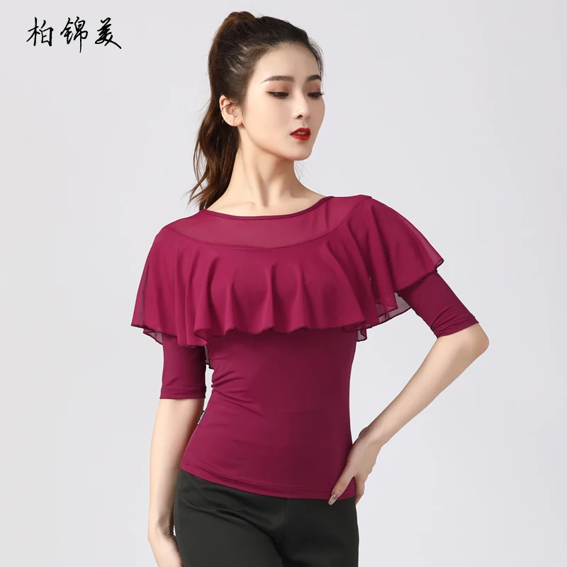 Modern dance top women's national standard dance ruffled sleeves Latin dance costume tops competition performance practice cloth