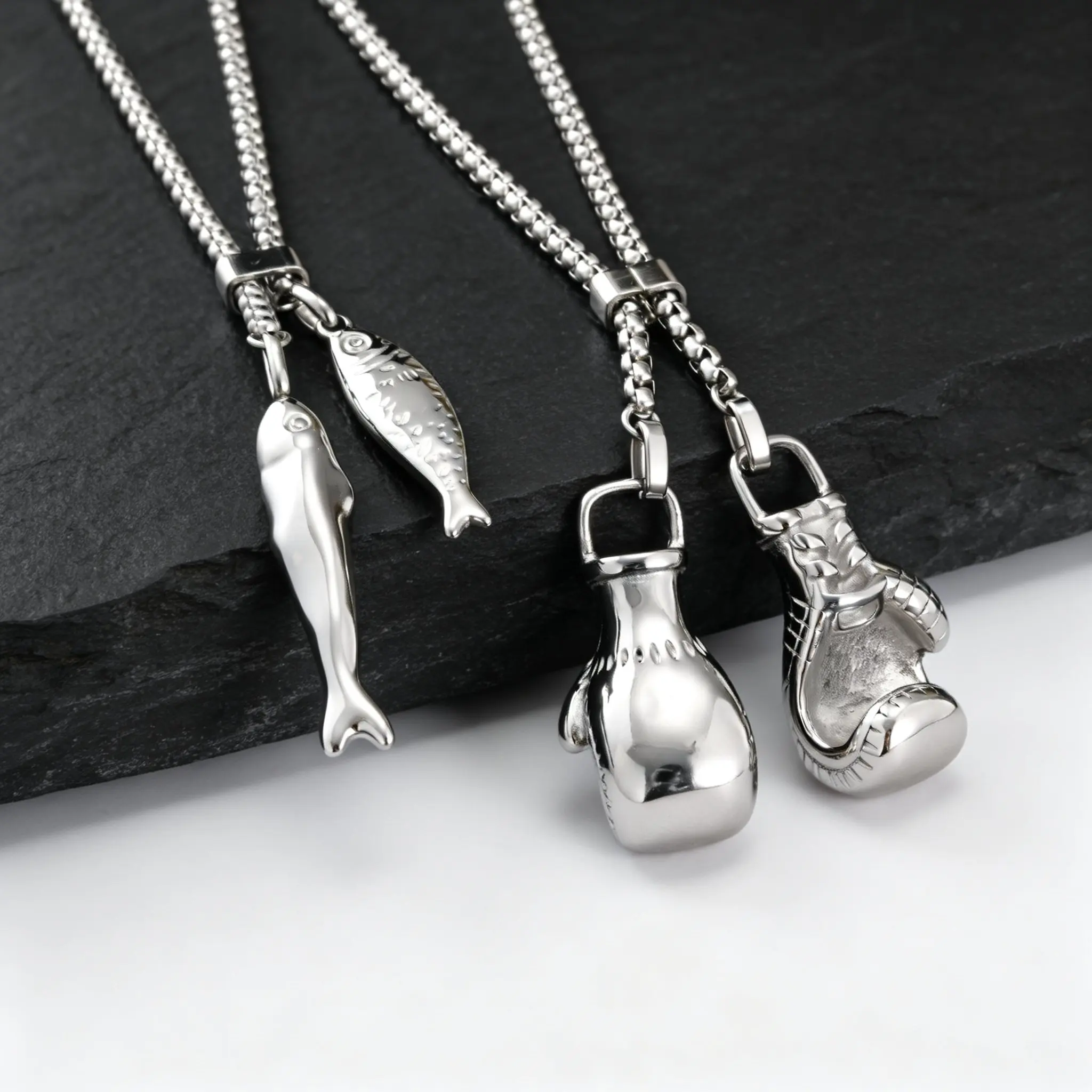 Boxing Glove Long Necklace for Men,Stainless Steel Fish Charm Collars,Casual Sweater Chain Gift for Father Son BBF