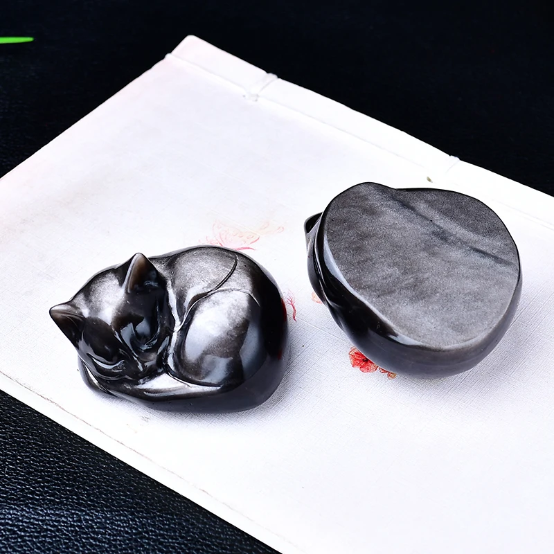 تمثال نوم على شكل قطة من حجر السج الفضي الطبيعي 50 × 46 × 34 ملم - حجر قطة لطيف منحوت بالكريستال - منتج ديكور منزلي للهدايا #4