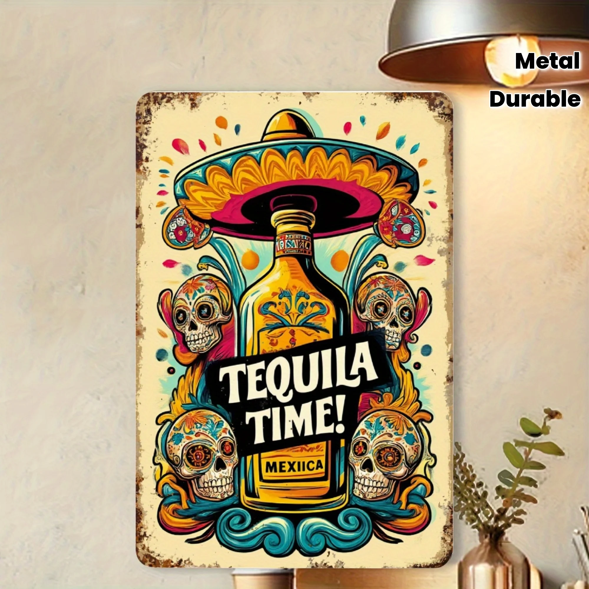 2D flache, retro mexikanische Holzwanddekoration, Tequila Time Skull und Strohhut, Landhausstil Beige