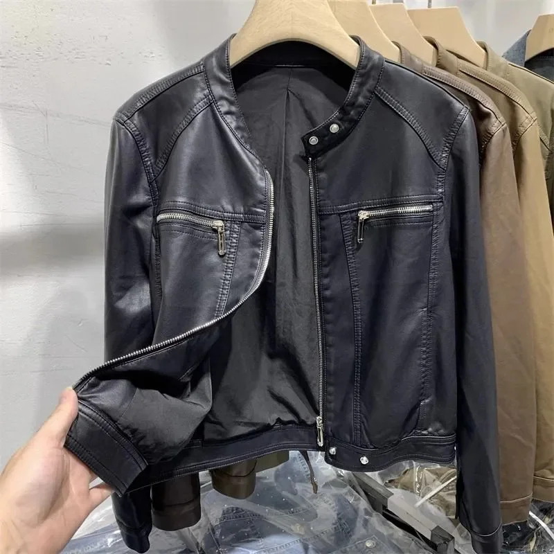 Veste en cuir à manches longues et col rond pour femme, manteau de moto, vêtements d'extérieur à fermeture éclair, mode printemps et automne, nouveau, 2024