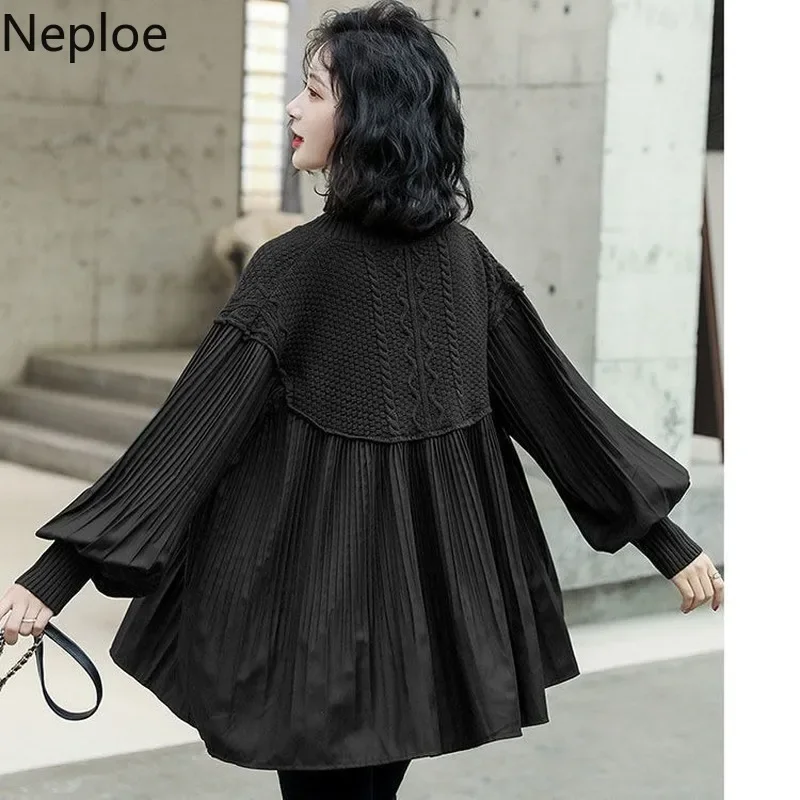 Sweter damski Neploe Fashion w koreańskim stylu oversize topy rękaw lampionowy plisowane swetry Patchwork V Neck eleganckie swetry ubrania