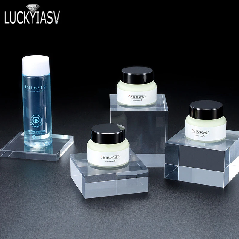 

Square Acrylic Solid Display Cube Riser Pedestal Block Shop Retail Skin Care Cosmetic Jar Jewelry Stand Rack For Window Cabinet