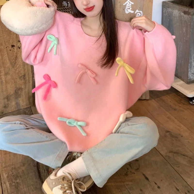 المرأة الكورية أزياء فضفاضة القوس الوردي سترة طويلة كسول نمط حجم واحد لطيف بلوفر مغزول أعلى الخريف الشتاء