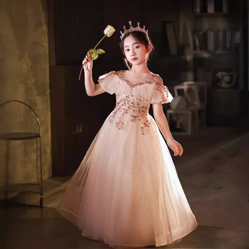 

Формальное свадебное платье принцессы с цветочным узором для девочек, детский костюм для выступлений на фортепиано