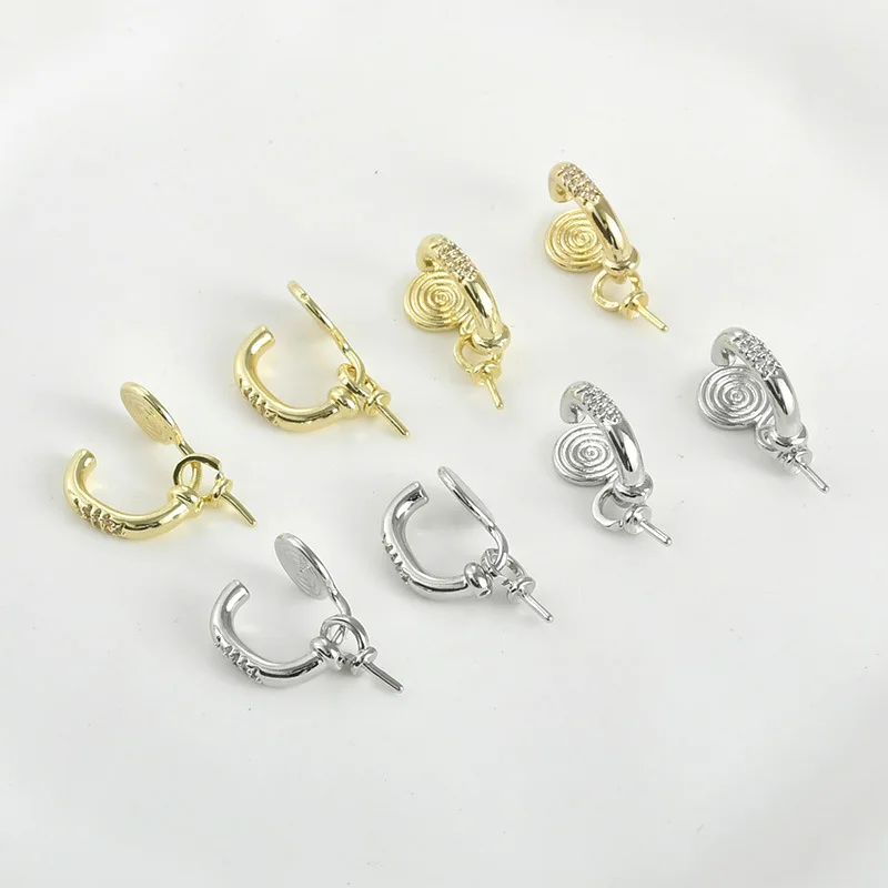 14k Electroplated Gold Color Mosquito Coil Disc U-shaped Inlaid Zircon with Pearl Hat, Ear Clip DIY Handmade Jewelry Accessories