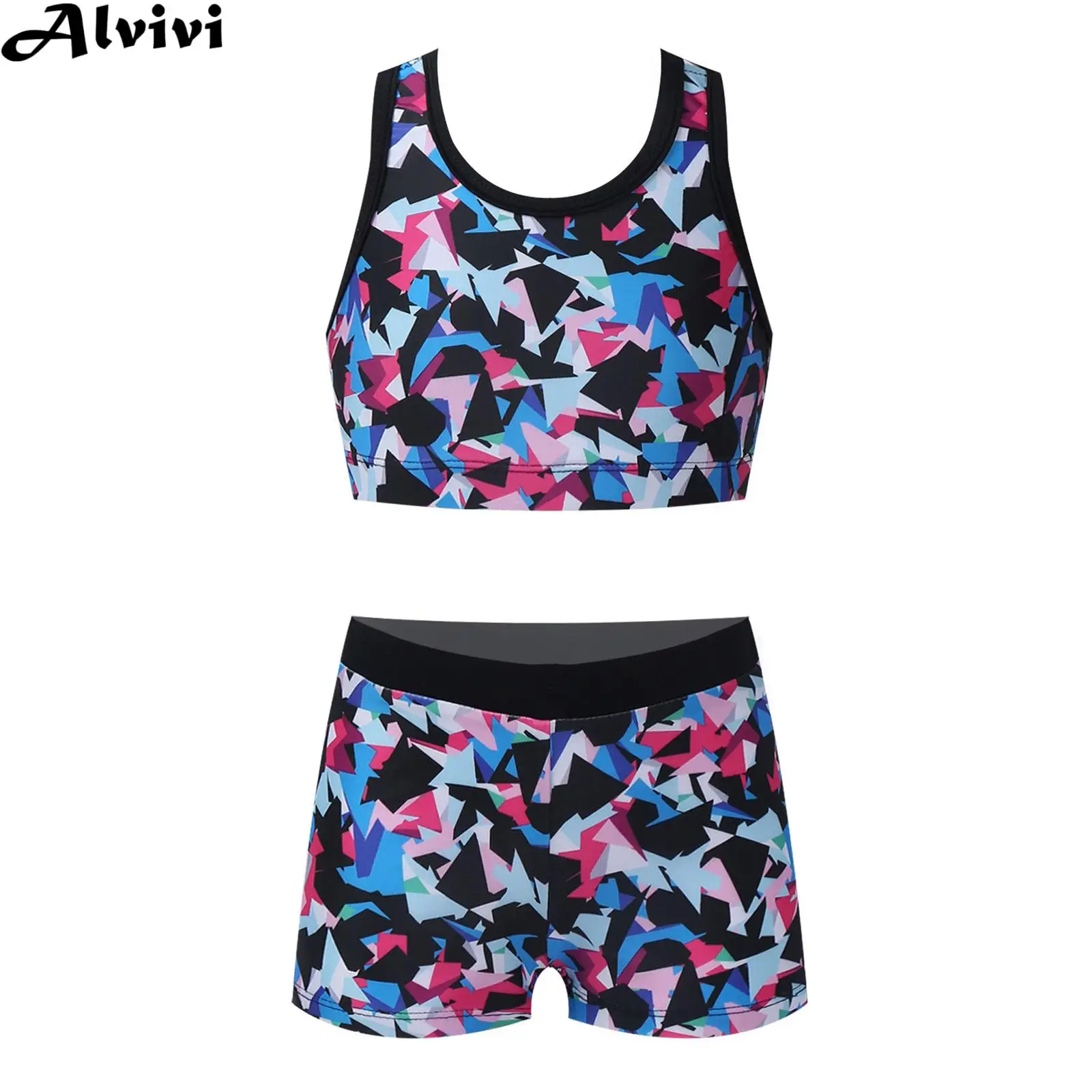 

Girls Summer Two-piece Swimsuit Sleeveless Racer Back Crop Top with Shorts Swimwear Bathing Suit Beachwear Workout Sportswear