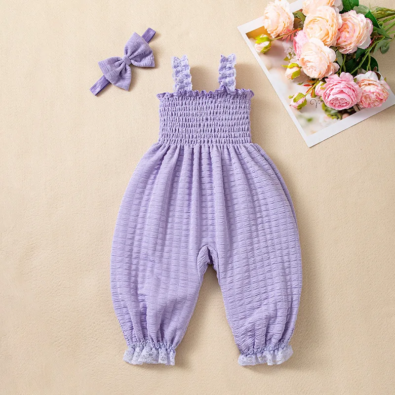 Lace Slip Baby Girl Jumpsuit with Headband Shirred Pleated Princess Long Pants Sewing Toddler Girl Playsuit Summer Clothes