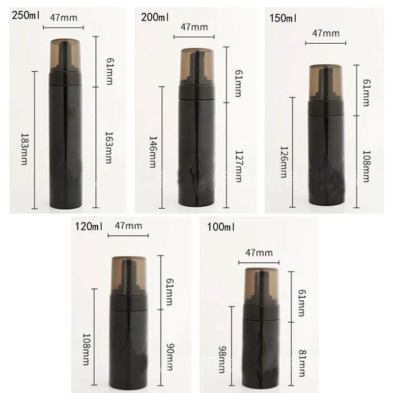 قطعتان من مضخة الصابون الرغوية السوداء، زجاجة فارغة قابلة لإعادة الملء، زجاجة توزيع رغوة بلاستيكية محمولة، 100 مل 120 مل 150 مل 200 مل 250 مل