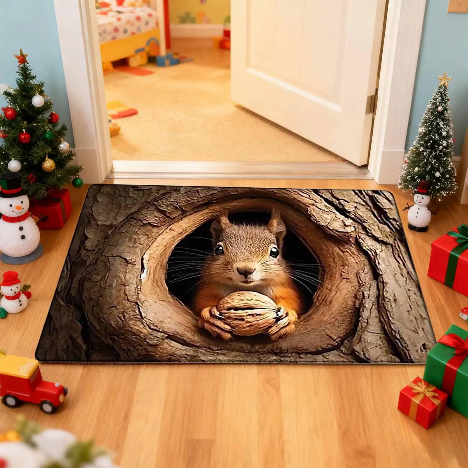 3D Carpet Non-Slip Soft Squirrel And Dog Pad 3D Optical Illusion Rug For Birthday Halloween Thanksgiving Home Holiday New Year