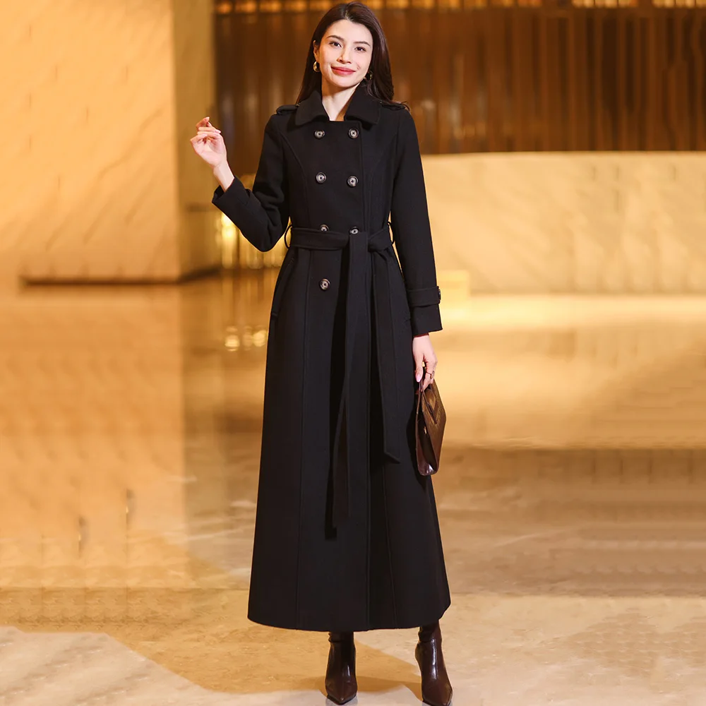 New Women Autumn Winter Classic Long Black Wool Coat Fashion Turn-down Collar Double Breasted Slim Wool Blended Overcoat