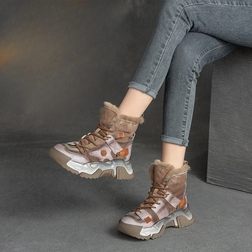 2025 النساء الأحذية 5 سنتيمتر حذاء من الجلد الجلود منصة حقيقية الخريف الشتاء منتصف العجل مختلط اللون العرقية حذاء بكعب سميك أحذية أنيقة