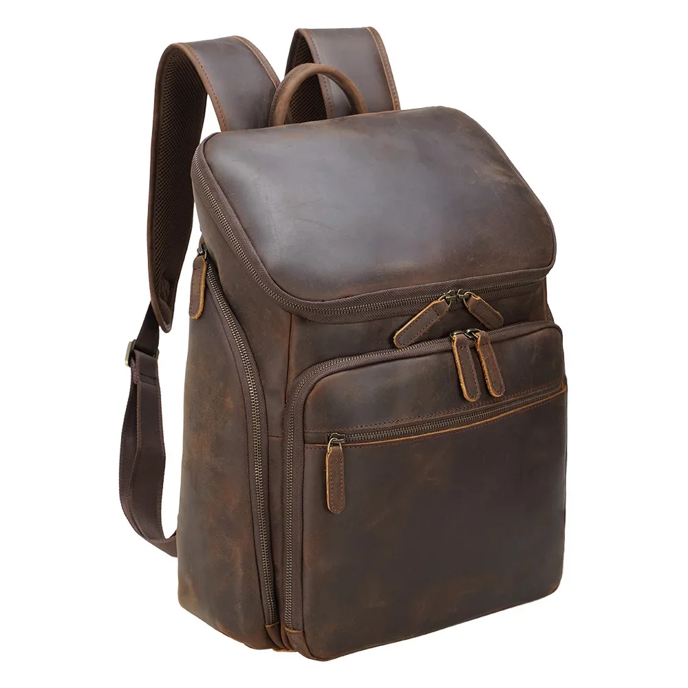 Factory Supply Wholesale Vintage Design Dark Brown Male Genuine Leather Back Pack Bag Real  15.6 Inch Laptop Backpack 