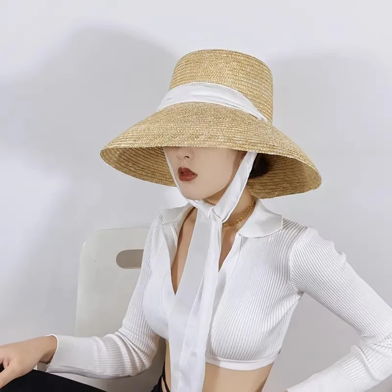 Hepburn style straw hat sun visor with large brim straw hat 2025 new sun hat outdoor travel beach sun hat