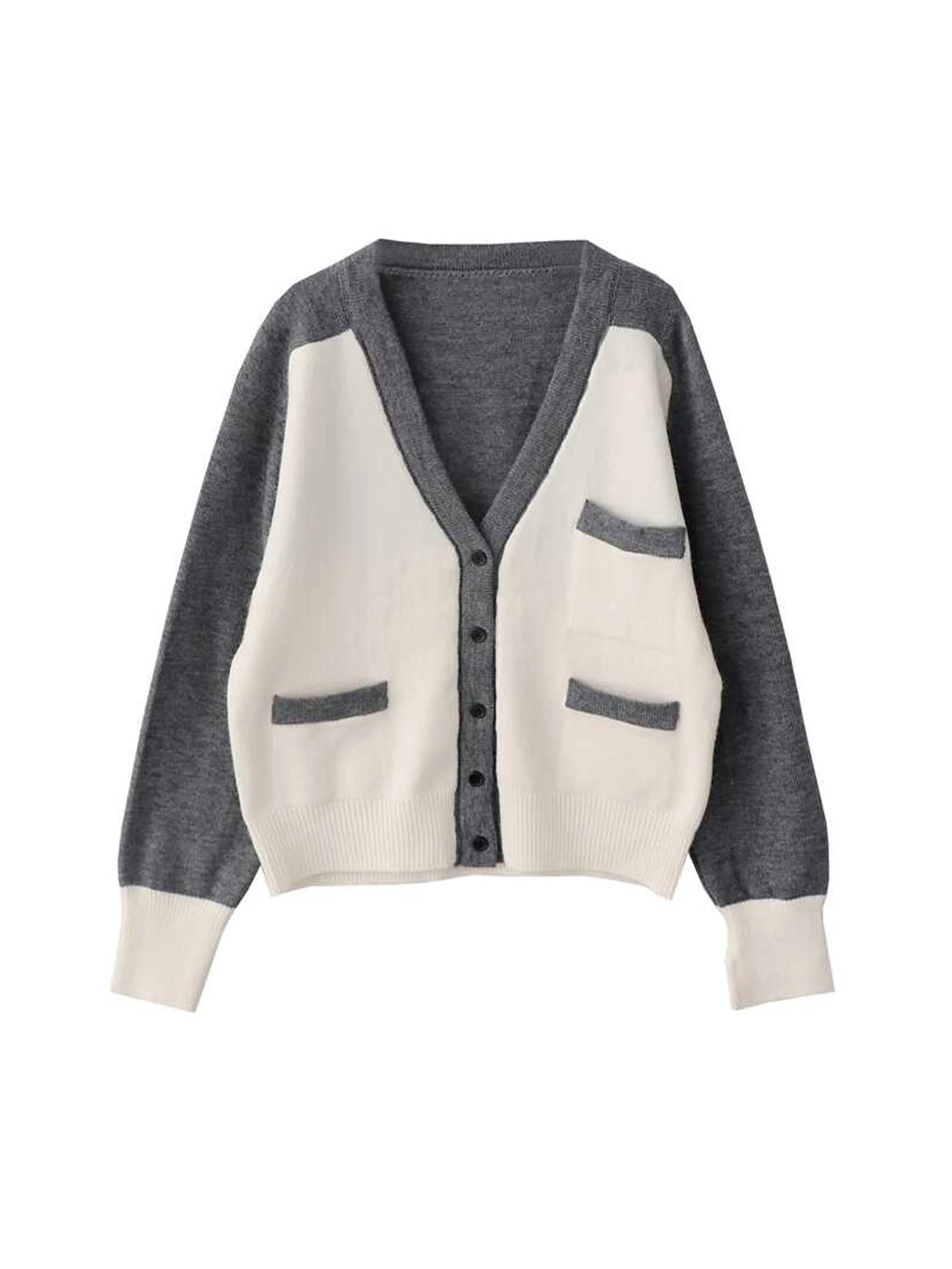 

Women Grey V-Neck Knit Cardigan Patchwork Sweater Harajuku Vintage 2000s Y2k Long Sleeves Soft Cozy Cashmere Sweater Autumn 2025
