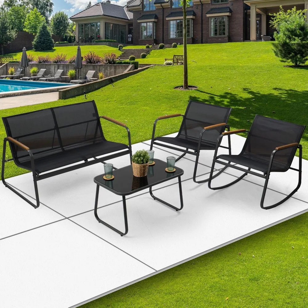 4 Piece Patio Furniture Set Outdoor Conversation Set with 2 Patio Dining Chairs and Tempered Coffee Table Strong Powder