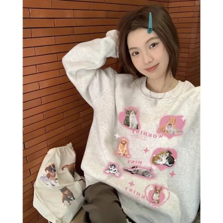 Sweet Cartoon Cat  Sweatshirt Mujer Autumn/winter O-neck Thicked Warm Sweatshirts Y2k Grunge Long Sleeve Loose Tops Women