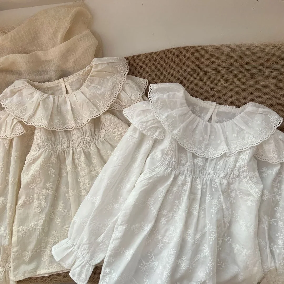 

Kids clothes girls blouse Weaving children's shirts 2025 autumn Korean version of foreign style lace